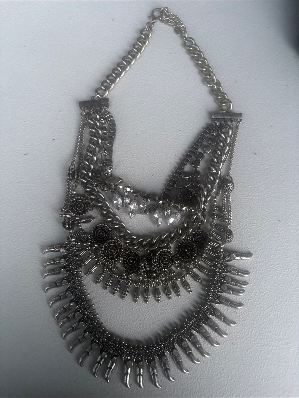 Silver Multi-Layer Statement Necklace with Crystal Accents